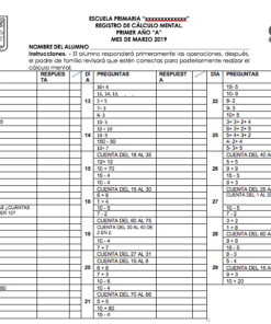 Imagen de un examen de Ejercicios de cálculo mental de una escuela primaria en Sonora, México, que presenta una tabla con preguntas numeradas, sus cálculos correspondientes y espacios para respuestas.