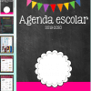 Colorida portada de Agenda escolar CHALKBOARD 19-20 con el título "agenda escolar 19-20" sobre fondo de pizarra, decorada con un banderín multicolor en la parte superior y bordes en rosa y verde azulado.