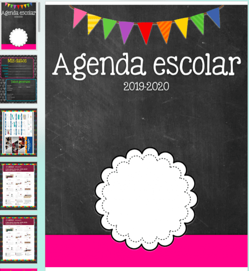 Colorida portada de Agenda escolar CHALKBOARD 19-20 con el título "agenda escolar 19-20" sobre fondo de pizarra, decorada con un banderín multicolor en la parte superior y bordes en rosa y verde azulado.