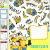 Un diseño de portada de Agenda MINIONS 19-20 que presenta un divertido tema de MINIONS con ilustraciones de minions, plátanos y frases como "¡plátanos!" y "¡bello amarillo!" alrededor de un espacio central en blanco.