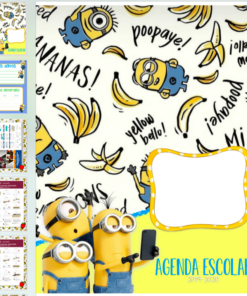 Un diseño de portada de Agenda MINIONS 19-20 que presenta un divertido tema de MINIONS con ilustraciones de minions, plátanos y frases como 