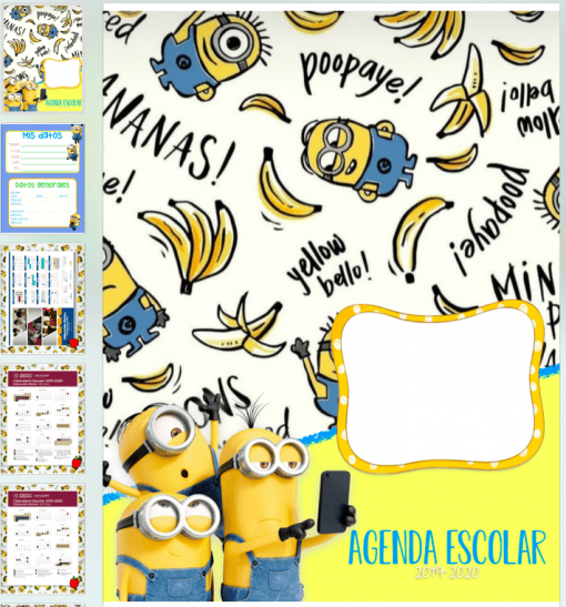 Un diseño de portada de Agenda MINIONS 19-20 que presenta un divertido tema de MINIONS con ilustraciones de minions, plátanos y frases como "¡plátanos!" y "¡bello amarillo!" alrededor de un espacio central en blanco.