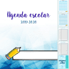Imagen de una portada de Agenda Azul 2019-2020 para el año académico 2019-2020 con el título "Agenda Azul" en texto morado, presenta un gráfico de un lápiz amarillo, sobre un fondo geométrico azul con pequeñas imágenes de páginas de agenda.