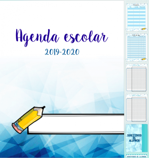 Imagen de una portada de Agenda Azul 2019-2020 para el año académico 2019-2020 con el título "Agenda Azul" en texto morado, presenta un gráfico de un lápiz amarillo, sobre un fondo geométrico azul con pequeñas imágenes de páginas de agenda.