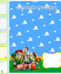 Portada de una Agenda TOY STORY 2019-2020 con personajes animados de Toy Story, incluidos Woody y Buzz Lightyear, contra un cielo con nubes. Incluye plantillas para notas y programación.