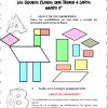 Ilustración de una hoja de geometría con varias formas de cuatro lados en diferentes colores para cortar y formar una figura, denominada "Nos divertimos aprendiendo las figuras planas que tienen 4 lados Grado 3°". Las instrucciones y preguntas se proporcionan en español.