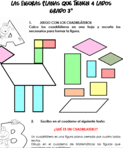 Ilustración de una hoja de geometría con varias formas de cuatro lados en diferentes colores para cortar y formar una figura, denominada 