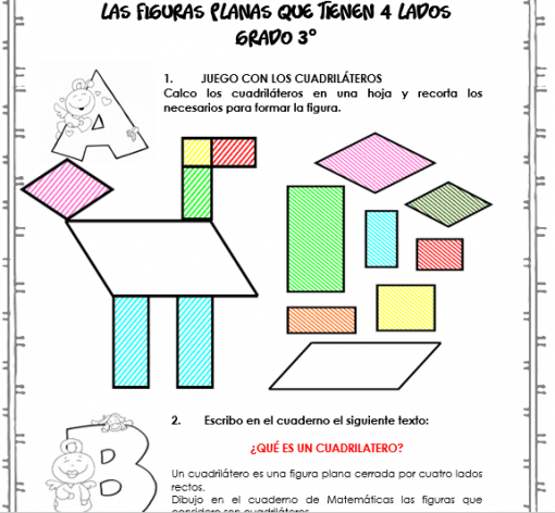 Ilustración de una hoja de geometría con varias formas de cuatro lados en diferentes colores para cortar y formar una figura, denominada "Nos divertimos aprendiendo las figuras planas que tienen 4 lados Grado 3°". Las instrucciones y preguntas se proporcionan en español.