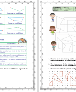 Four Nos divertimos aprendiendo las figuras planas con diversas actividades: clasificación de formas geométricas, doblar papel para formar figuras planas, completar patrones y un crucigrama con términos geométricos, todo en un diseño colorido y apto para niños.