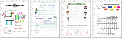 Four Nos divertimos aprendiendo las figuras planas con diversas actividades: clasificación de formas geométricas, doblar papel para formar figuras planas, completar patrones y un crucigrama con términos geométricos, todo en un diseño colorido y apto para niños.