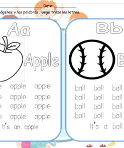 A Guias abecedario en inglés con las letras 'A' de 'Apple' y 'B' de 'Ball'. El lado izquierdo tiene una ilustración de una manzana grande con 