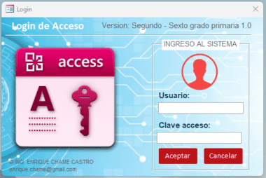 Pantalla de inicio de sesión para un software educativo, titulado "Login de Acceso" para los grados 2-6 de primaria. Incluye campos para "Usuario" (Nombre de Usuario) y "Clave acceso" (Contraseña), junto con los botones "Aceptar" y "Cancelar". A continuación se muestra una dirección de correo electrónico.