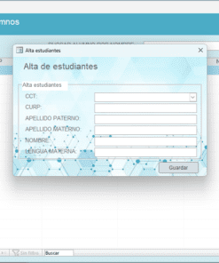 Se muestra una interfaz de software para el registro de estudiantes. La ventana principal tiene la etiqueta 
