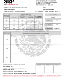 Boleta de calificaciones de la SEP (Sistema Educativo Nacional) del estudiante 