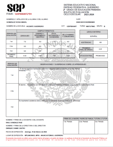 Boleta de calificaciones de la SEP (Sistema Educativo Nacional) del estudiante "González Sosa Ángel" de 2do grado de la escuela Vicente Guerrero. Incluye calificaciones de español, matemáticas, ciencias naturales y otras materias, así como detalles de asistencia y comentarios de los profesores.