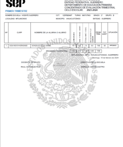 Una boleta de calificaciones de la SEP para el ciclo escolar 2023-2024. Incluye detalles del estudiante como nombre, identificación, escuela y grupo. Materias listadas con calificaciones de cuatro periodos y promedios finales. El escudo de armas mexicano está débilmente impreso en el fondo.