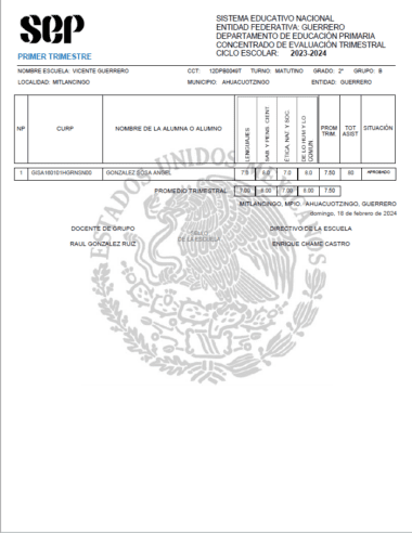 Una boleta de calificaciones de la SEP para el ciclo escolar 2023-2024. Incluye detalles del estudiante como nombre, identificación, escuela y grupo. Materias listadas con calificaciones de cuatro periodos y promedios finales. El escudo de armas mexicano está débilmente impreso en el fondo.