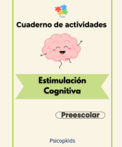 La portada de este cuaderno de actividades presenta una alegre ilustración del cerebro. Titulado "Cuaderno de estimulación cognitiva", está diseñado para niños en edad preescolar. En la parte inferior, encontrará el nombre de la editorial: "Psicokids".