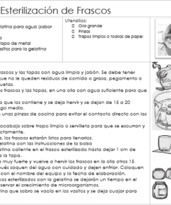 Instrucciones para esterilizar frascos en español. Incluye ingredientes, utensilios y procedimiento paso a paso con ilustraciones de una olla, frascos para cocinar al vapor, una toalla y unas pinzas.