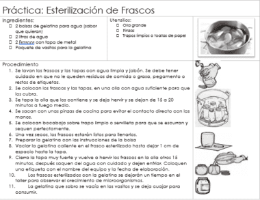 Instrucciones para esterilizar frascos en español. Incluye ingredientes, utensilios y procedimiento paso a paso con ilustraciones de una olla, frascos para cocinar al vapor, una toalla y unas pinzas.