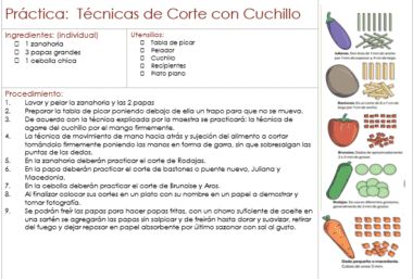 Imagen de una guía de prácticas de cocina en español titulada "Práctica: Técnicas de Corte con Cuchillo". Incluye ingredientes (zanahoria, papas, cebolla), herramientas, pasos del procedimiento e ilustraciones para técnicas de corte como juliana, brunoise y cubos.