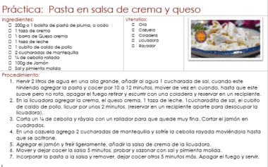 Receta de pasta con salsa de crema y queso. En ella se indican los ingredientes, los utensilios y el procedimiento paso a paso. La imagen muestra un plato de pasta con guarnición de hierbas. El texto está en español.