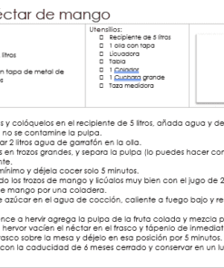Imagen de una receta de néctar de mango en español. Incluye ingredientes como limones, mangos y azúcar, herramientas como una licuadora y un colador, y un procedimiento paso a paso. A la derecha se muestra una foto de una botella llena de néctar de mango.