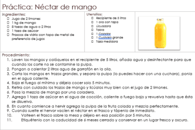 Imagen de una receta de néctar de mango en español. Incluye ingredientes como limones, mangos y azúcar, herramientas como una licuadora y un colador, y un procedimiento paso a paso. A la derecha se muestra una foto de una botella llena de néctar de mango.