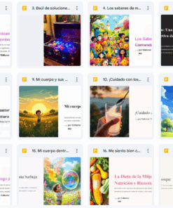 Captura de pantalla de una vista de cuadrícula que muestra carpetas y documentos digitales coloridos con varias portadas, incluidas imágenes de comida, niños, naturaleza, libros y escenas ilustradas, probablemente de Google Drive o una plataforma similar.