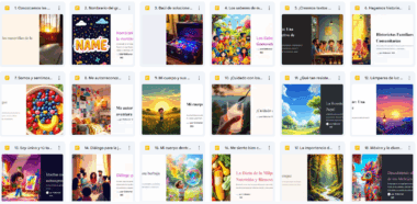 Captura de pantalla de una vista de cuadrícula que muestra carpetas y documentos digitales coloridos con varias portadas, incluidas imágenes de comida, niños, naturaleza, libros y escenas ilustradas, probablemente de Google Drive o una plataforma similar.