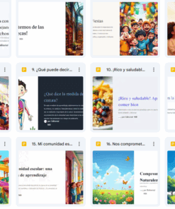 Una cuadrícula de coloridas portadas de libros digitales, muchas con ilustraciones de niños, la naturaleza o aulas. Las portadas presentan varios títulos en español sobre la escuela, la comunidad, la creatividad y el aprendizaje.
