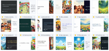 Una cuadrícula de coloridas portadas de libros digitales, muchas con ilustraciones de niños, la naturaleza o aulas. Las portadas presentan varios títulos en español sobre la escuela, la comunidad, la creatividad y el aprendizaje.