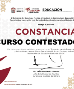 Certificado con logotipos oficiales que acredita la finalización de un curso sobre prevención del maltrato infantil en las escuelas SEIEM, firmado por el Lic. Israel Fernández Clamont. Motivos decorativos de aves y hojas en amarillo y rojo.