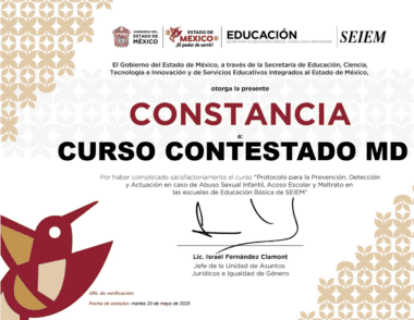 Certificado con logotipos oficiales que acredita la finalización de un curso sobre prevención del maltrato infantil en las escuelas SEIEM, firmado por el Lic. Israel Fernández Clamont. Motivos decorativos de aves y hojas en amarillo y rojo.