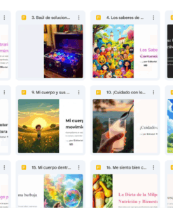 Se abre una carpeta de Google Drive, que muestra 20 íconos de archivos digitales coloridos con diversas ilustraciones, textos y títulos en español, relacionados con historias, salud y bienestar para niños.