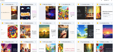 Se abre una carpeta de Google Drive, que muestra 20 íconos de archivos digitales coloridos con diversas ilustraciones, textos y títulos en español, relacionados con historias, salud y bienestar para niños.