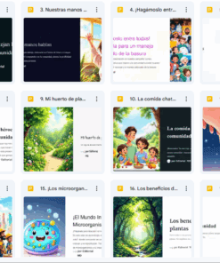 Una vista en cuadrícula de carpetas y cubiertas digitales coloridas para historias y actividades educativas para niños, muchas de ellas con ilustraciones de niños, familias y escenas de la naturaleza, mostradas en una interfaz de Google Drive.