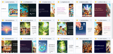 Una vista en cuadrícula de carpetas y cubiertas digitales coloridas para historias y actividades educativas para niños, muchas de ellas con ilustraciones de niños, familias y escenas de la naturaleza, mostradas en una interfaz de Google Drive.
