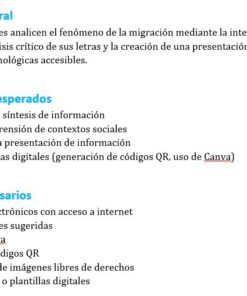 Texto en español que describe los objetivos, aprendizajes esperados y recursos necesarios para analizar la migración a través de canciones y tecnología digital, incluyendo Canva y el uso de códigos QR.