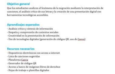 Texto en español que describe los objetivos, aprendizajes esperados y recursos necesarios para analizar la migración a través de canciones y tecnología digital, incluyendo Canva y el uso de códigos QR.