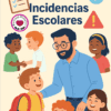 Ilustración de un profesor sonriendo e interactuando con cinco alumnos felices. El texto reza "Bitácora de Incidencias Escolares", con una lista de control, una marca de verificación y un icono de advertencia sobre el grupo.