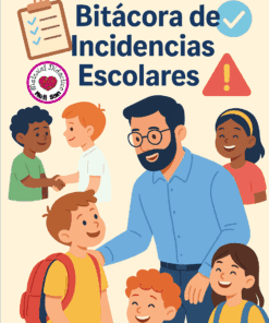 Ilustración de un profesor sonriendo e interactuando con cinco alumnos felices. El texto reza "Bitácora de Incidencias Escolares", con una lista de control, una marca de verificación y un icono de advertencia sobre el grupo.