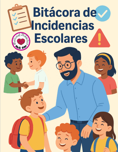Ilustración de un profesor sonriendo e interactuando con cinco alumnos felices. El texto reza "Bitácora de Incidencias Escolares", con una lista de control, una marca de verificación y un icono de advertencia sobre el grupo.