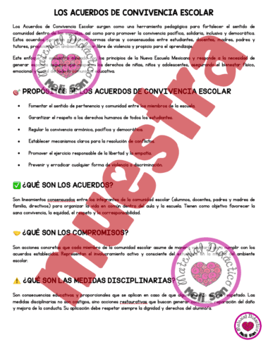 Documento en español titulado "Los Acuerdos de Convivencia Escolar" con apartados que explican los acuerdos de convivencia escolar, propuestas, compromisos, acuerdos, medidas disciplinarias y sellos de corazones de colores. Una marca de agua roja "MUESTRA" atraviesa la página.