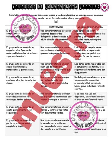 Una tabla en español resume los acuerdos de convivencia escolar, los compromisos y las medidas disciplinarias, cada uno con ejemplos. Lleva el sello "MUESTRA" en rojo en toda la página e incluye los sellos oficiales de los colegios.