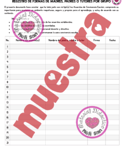 Registro para firmas de padres o tutores por grupo escolar, con tabla para nombre del alumno, nombre del padre o tutor, firma y fecha. Fondo con la palabra 
