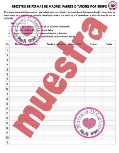 Registro para firmas de padres o tutores por grupo escolar, con tabla para nombre del alumno, nombre del padre o tutor, firma y fecha. Fondo con la palabra "muestra" y logotipo de "Material Didáctico Neli San".