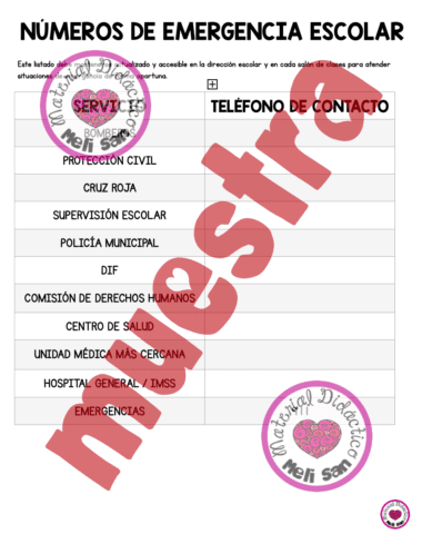 Tabla titulada "NÚMEROS DE EMERGENCIA ESCOLAR" con filas etiquetadas para los servicios de emergencia, incluidos BOMBEROS, PROTECCIÓN CIVIL, CRUZ ROJA y otros, con espacios en blanco para sus números de contacto. Marca de agua "maestro" en toda la página.