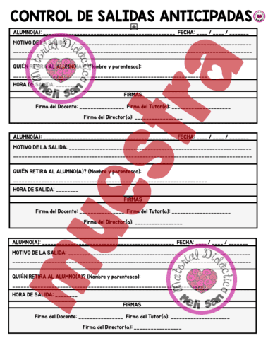 Un formulario titulado "CONTROL DE SALIDAS ANTICIPADAS" con secciones para registrar el nombre del alumno, el motivo de la salida anticipada, quién lo recoge, la hora de salida y las firmas. Una gran marca de agua roja "Muestra" atraviesa la página.