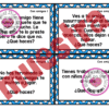 Cuatro tarjetas de preguntas en español para practicar la conversación, cada una con un borde azul, texto en negro y sellos circulares etiquetados como 